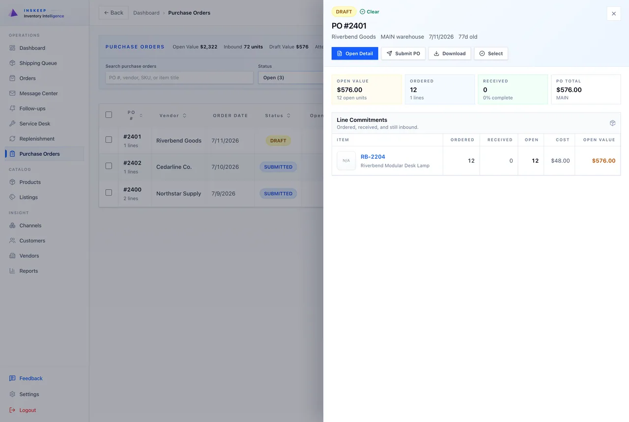 Inskeep purchase order preview showing supplier, line quantities, costs, and receiving progress
