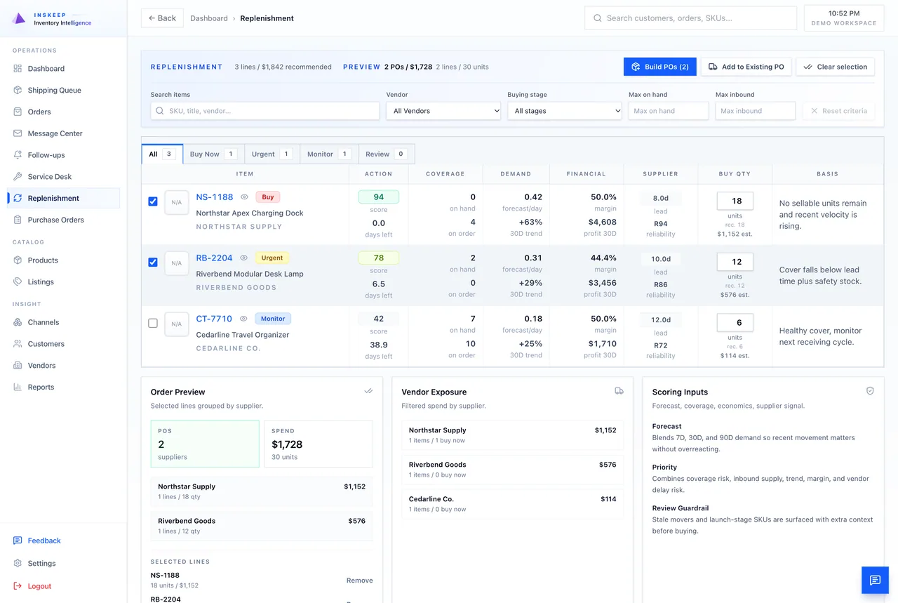 Inskeep replenishment buyer workbench showing selected recommendations, demand, coverage, margin, suppliers, quantities, and the build purchase orders action