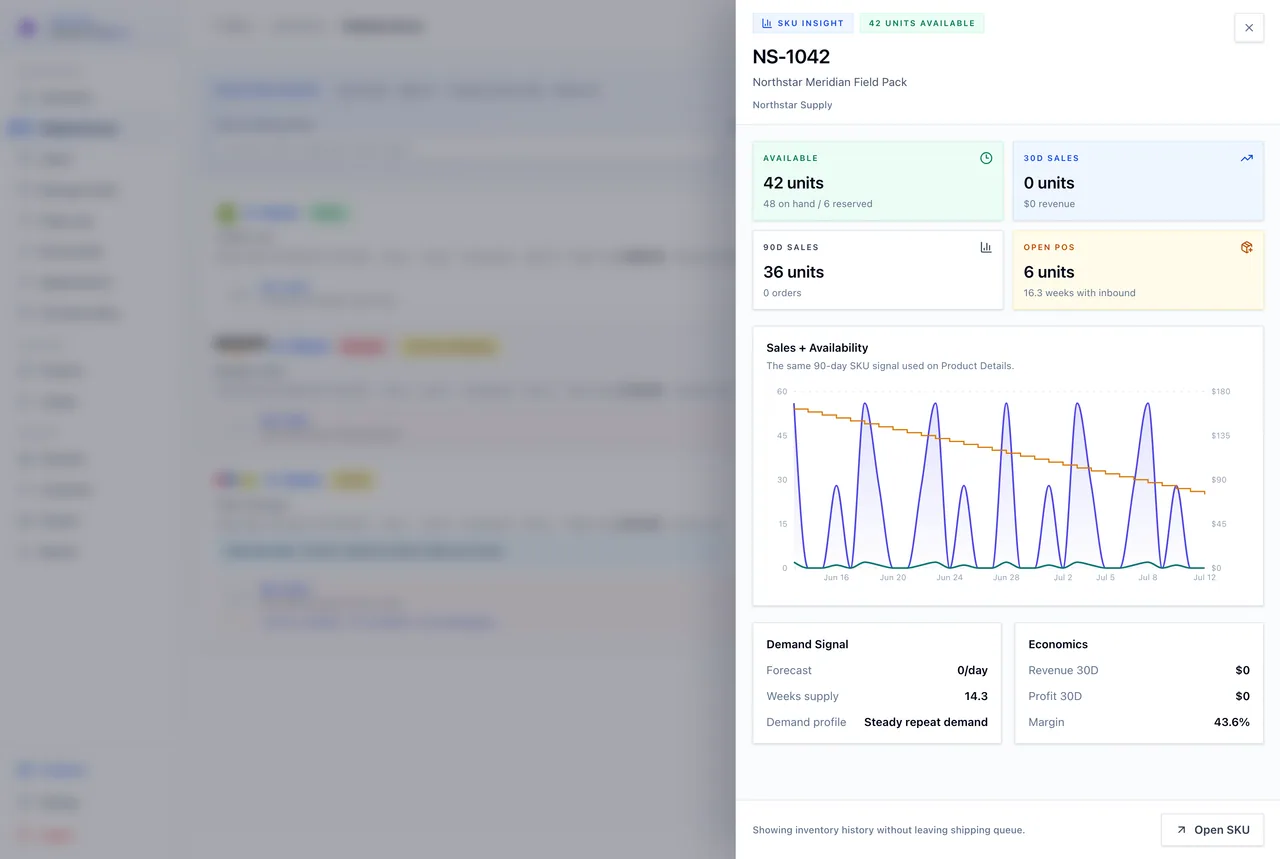 Inskeep shipping queue with SKU availability, demand, incoming purchase orders, and inventory history